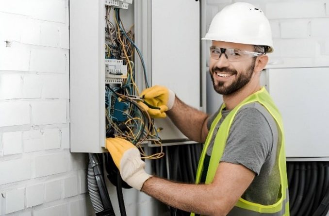 Image of an electrical contractor inspecting an electrical panel.