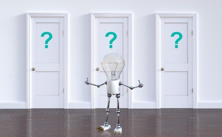 Animated image of a lightbulb person trying to decide which of the three doors to choose, representing flooring options.