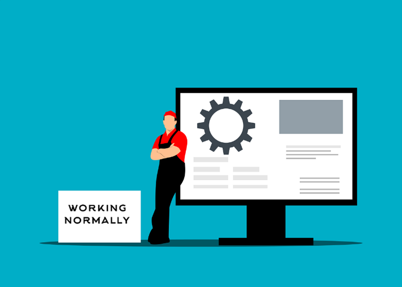 Animated image of a computer and a construction worker with a sign, “Working Normally”.